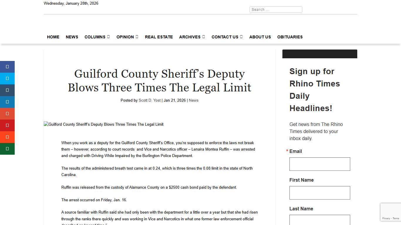 Guilford County Sheriff’s Deputy Blows Three Times The Legal Limit - The Rhino Times of Greensboro